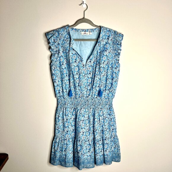 Vineyard Vines Blue Floral Drop Waist Tasseled Mini Boho Dress Beachy Resortwear - Picture 1 of 6